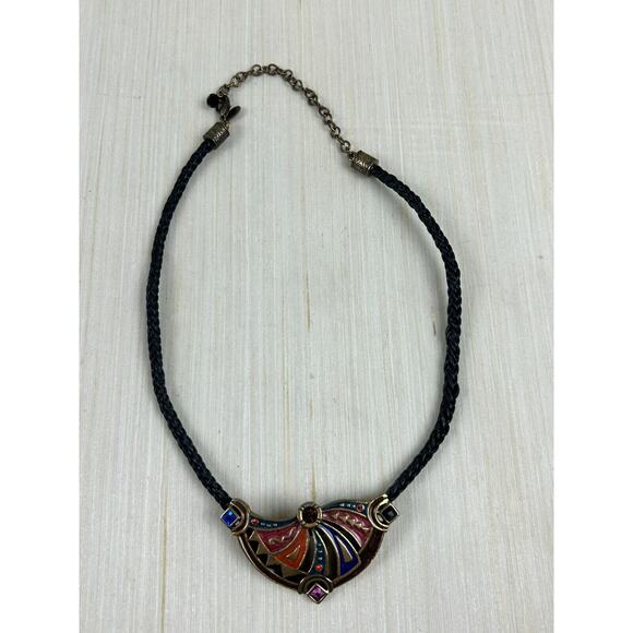 Chico's Gold Tone Enamel and Rhinestone Necklace on‎ a braided Leather Cord - Picture 1 of 6